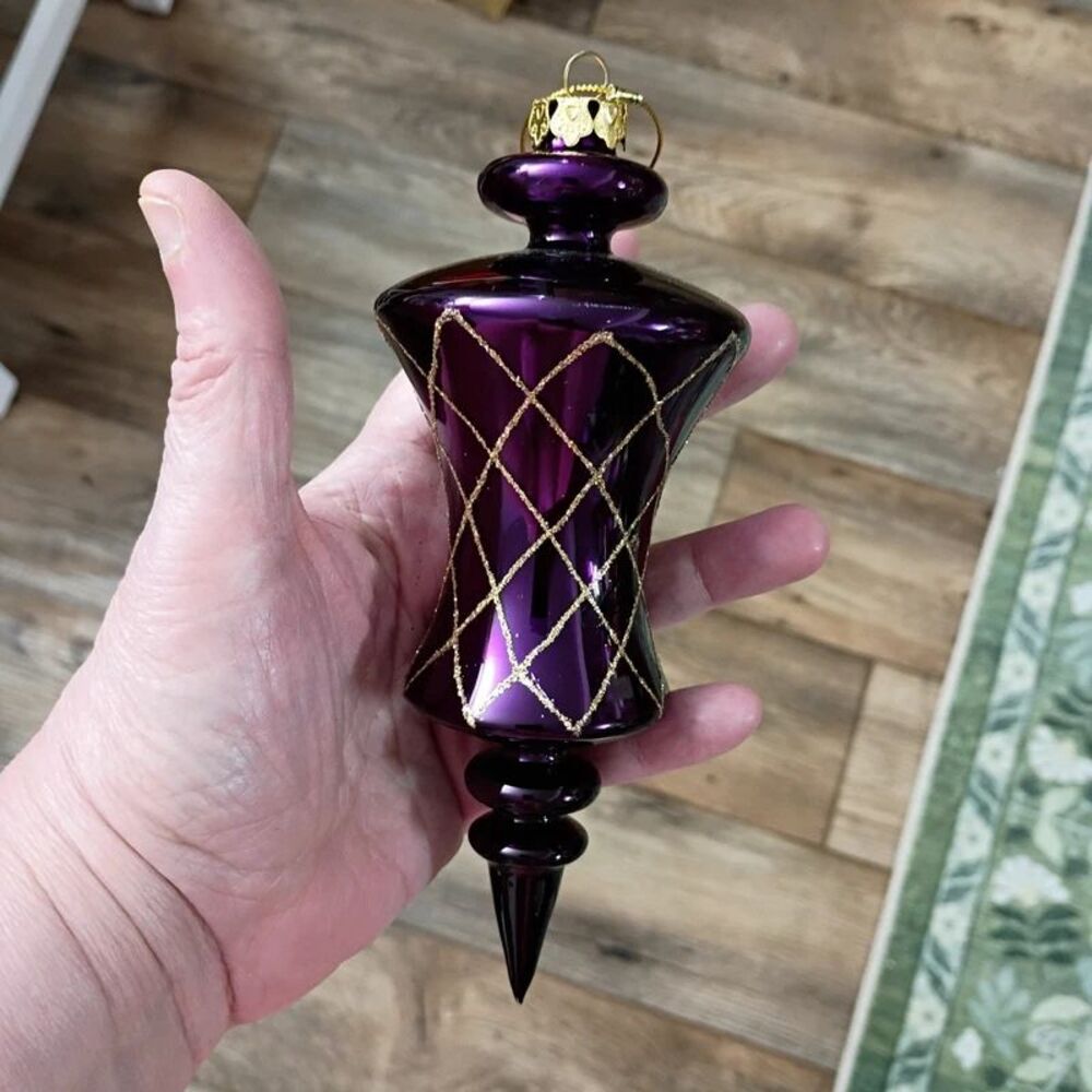 Hand-Blown 7" Purple Glass Finial Christmas Ornament Gold Glitter Trim